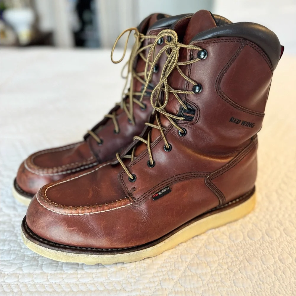 Red Wing Leather Boots #411 8-inch Waterproof Soft Toe Size 12 E2 Slip Resistant - Picture 2 of 14